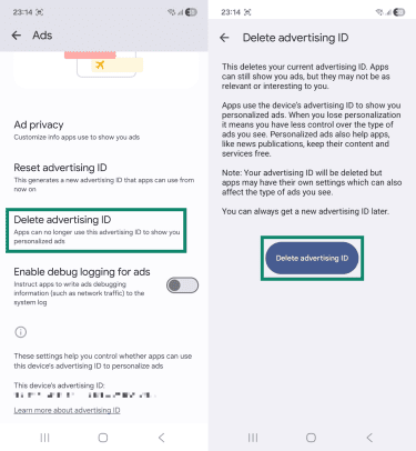 Two Android screenshots side by side showing the "Ads" and "Delete advertising ID" pages. The "Delete advertising ID" tab and "Delete advertising ID' button are highlighted.