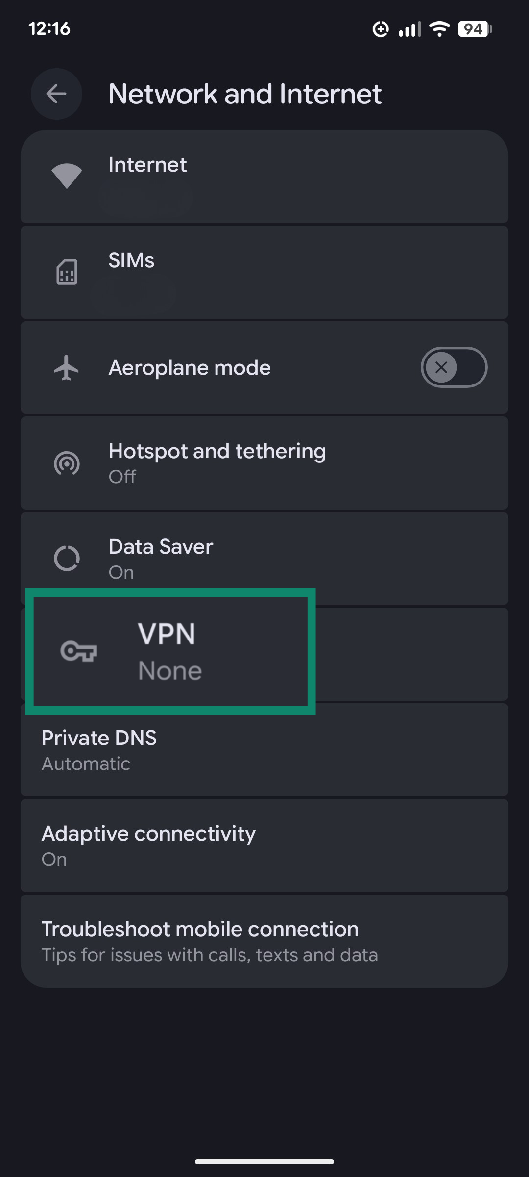 Android Network and Internet menu with VPN highlighted