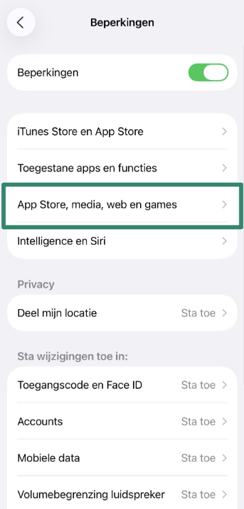 App Store, Media, Web & Games restrictions menu on iPhone.
