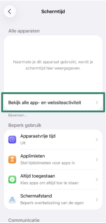 Screen Time menu with See All App & Website Activity option.