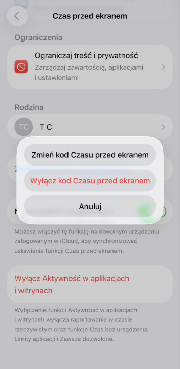 Options to change or turn off Screen Time passcode on iPhone.
