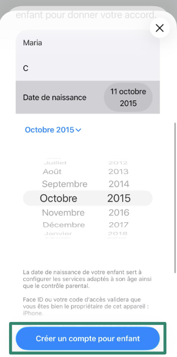 Options to invite family member or create child account on iPhone.