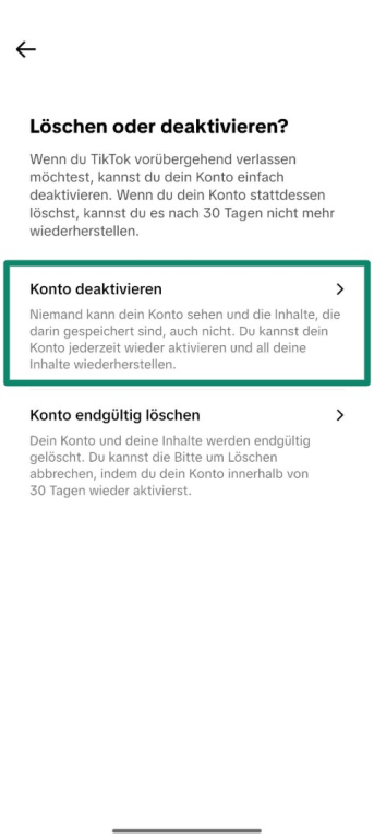 Screenshot showing how to deactivate a TikTok account instead of deleting it