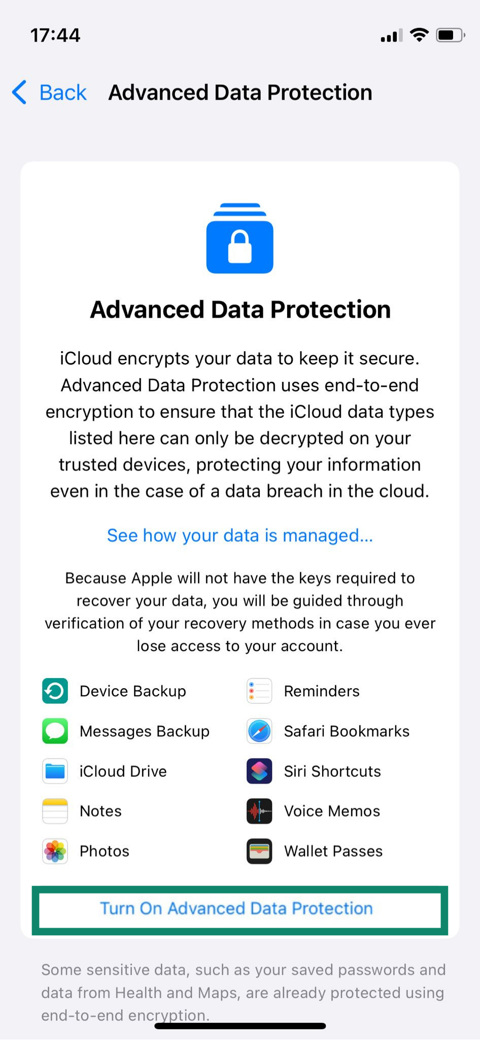 The Advanced Data Protection page on an iPhone, with the option to Turn On Advanced Data Protection highlighted.