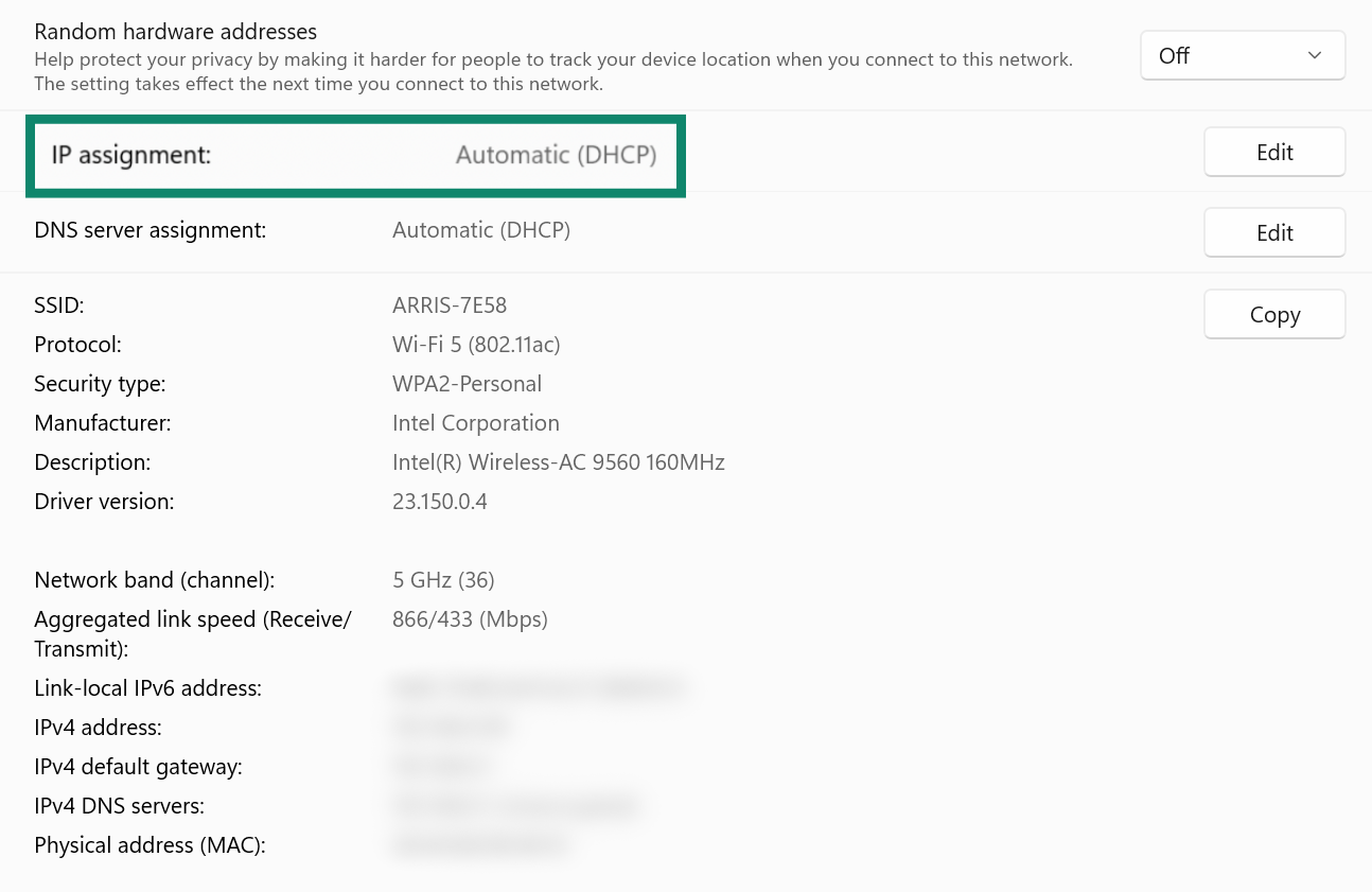 Close-up of Windows's network connection properties page with IP Assignment settings highlighted.
