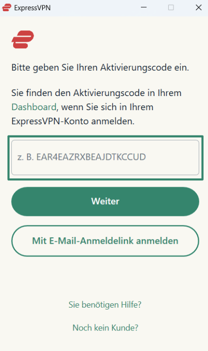 Logging into ExpressVPN on Windows using activation code.