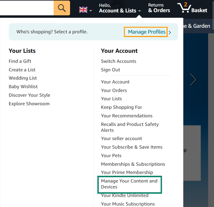 Opening the Manage Content and Devices menu in the Amazon website.