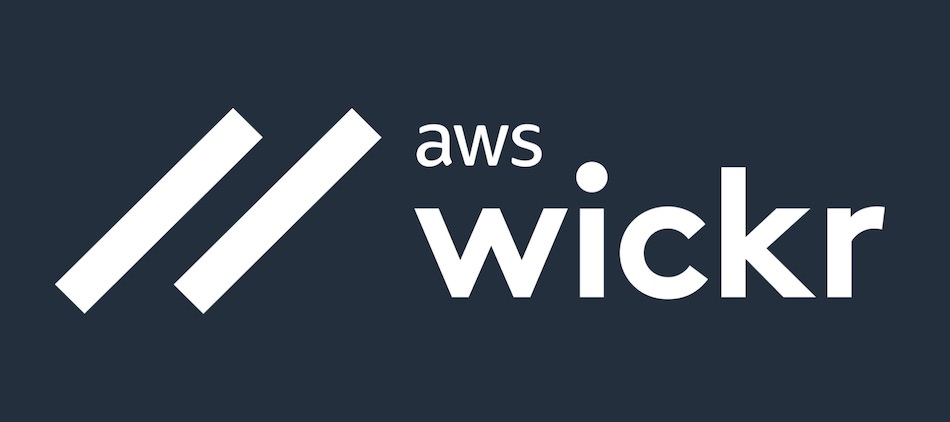 AWS Wickr logo. Two white diagonal bars next to the words ‘AWS Wickr’ in white lowercase letters on a dark navy blue background.