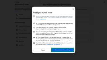 Confirmation pop-up explaining the effects of disconnecting future activity, with the Disconnect future activity button highlighted.