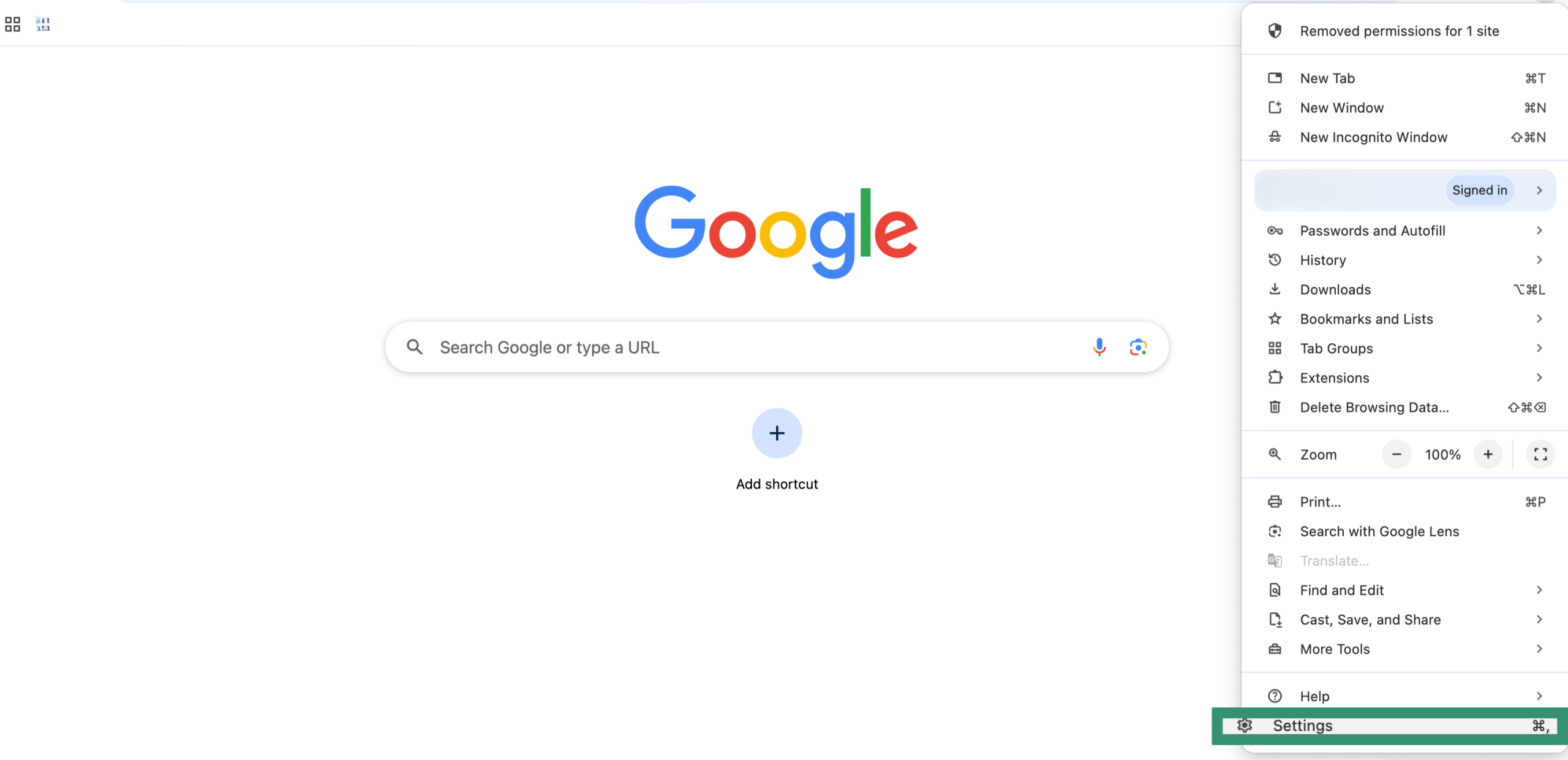 Settings menu on Chrome.