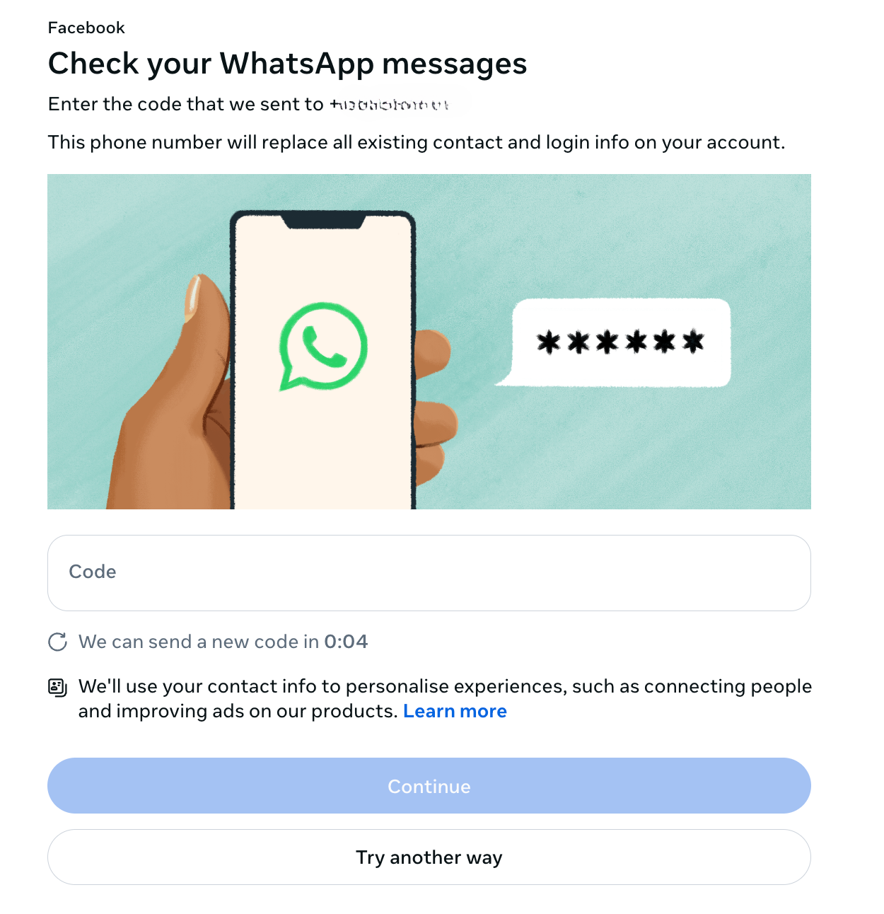 Screen for entering your recovery code in Facebook.