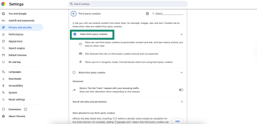 Chrome settings with "Allow third-party cookies" option turned on.