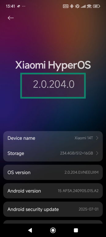 About phone screen showing how to access the update center.
