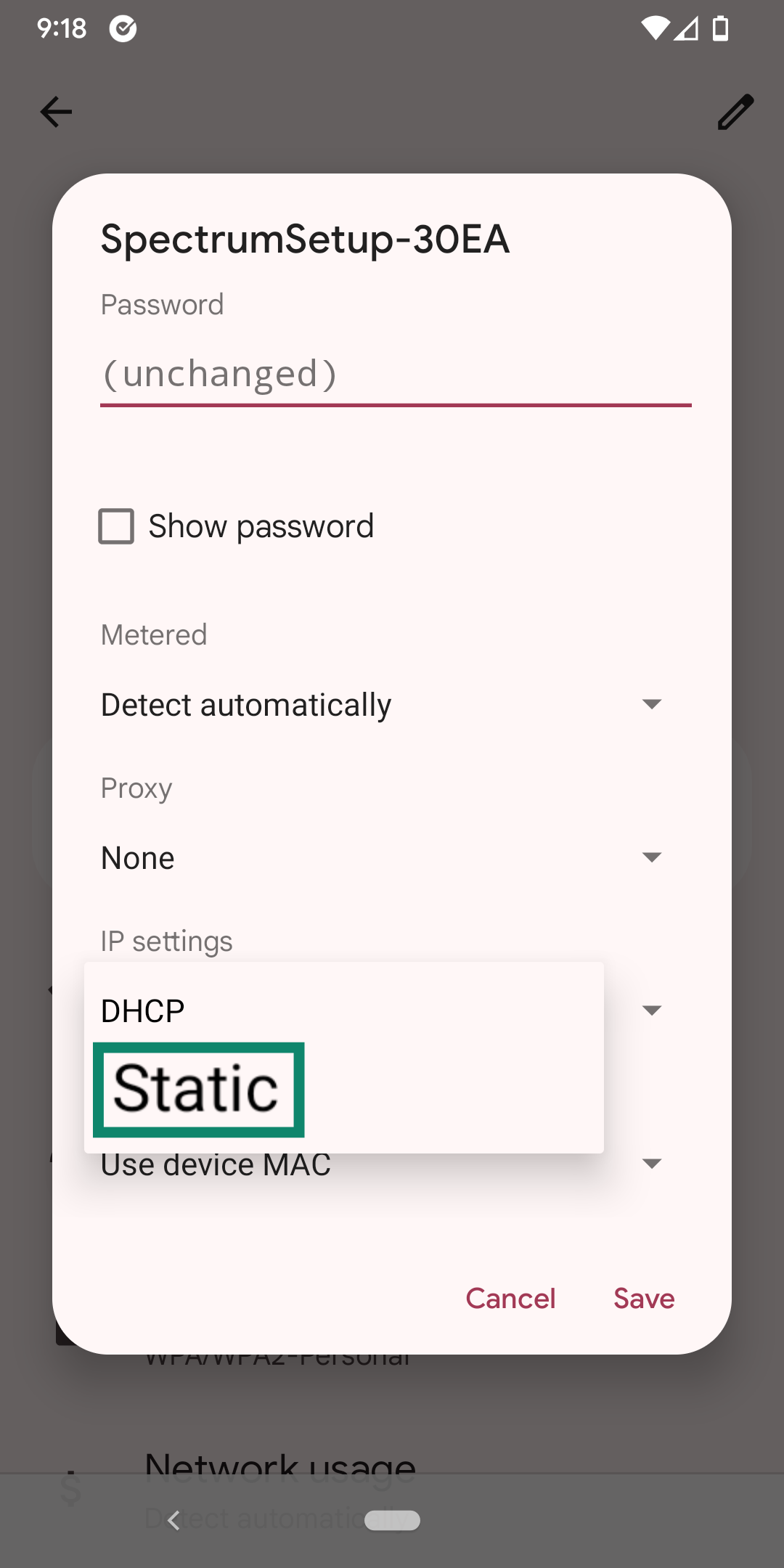Android Wi-Fi network settings screen showing the option to switch IP settings.