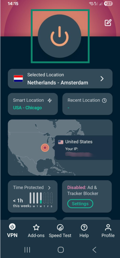 The ExpressVPN app with a server selected but the VPN not yet enabled.