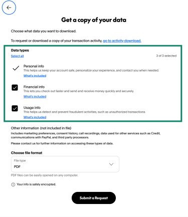 The Get a copy of your data PayPal screen, showing the types of data you can download.