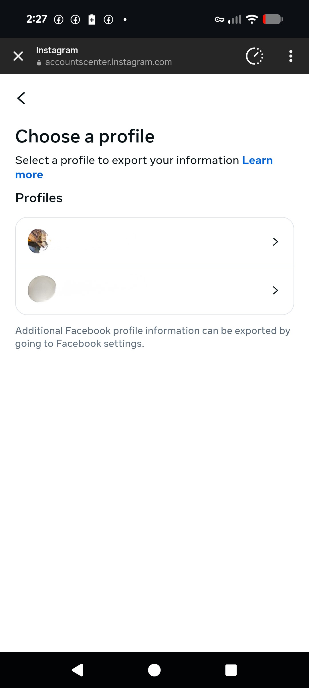 Choose profile to export in Instagram app.