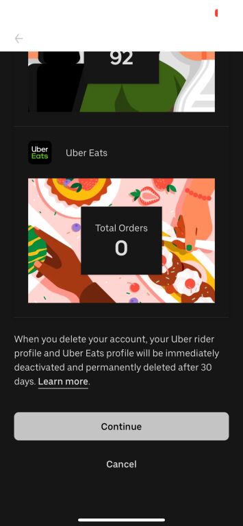 Account deletion confirmation screen on Uber mobile app.