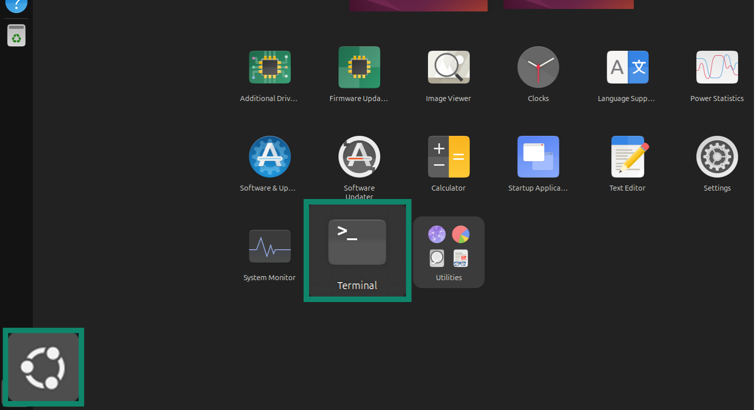 A Linux user interface showing how to access the Terminal.