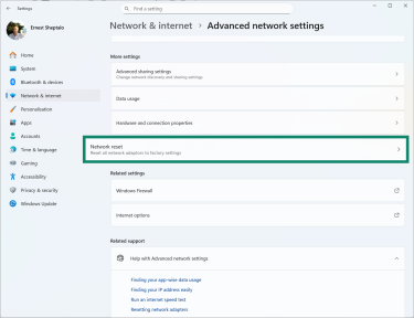 Windows 11 advanced network settings, showing how to reset all network settings.