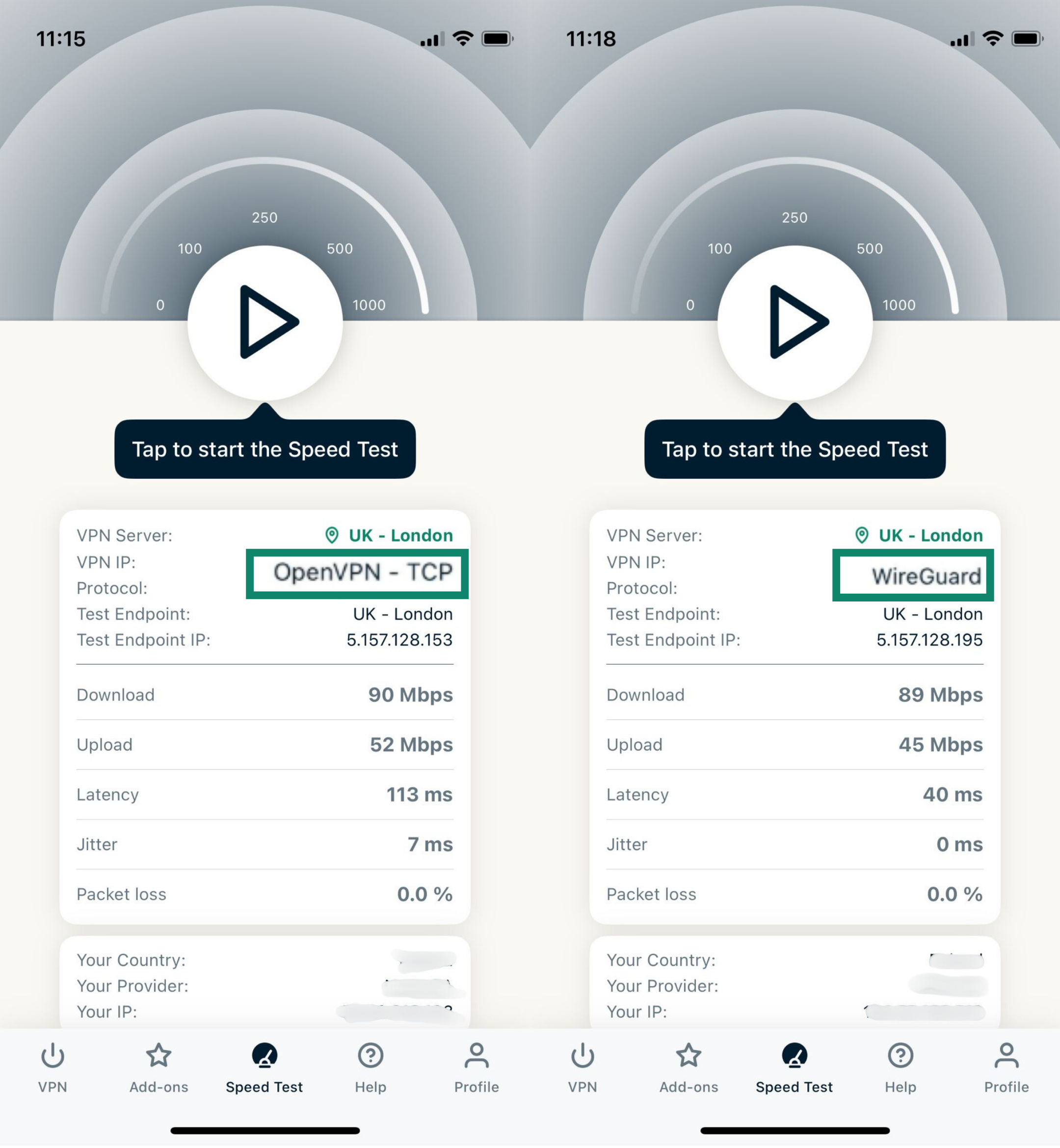 A speed test comparison between the OpenVPN (TCP) and WireGuard protocols using the ExpressVPN app.