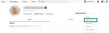Screenshot of a user profile on Roblox, with the Block User option highlighted