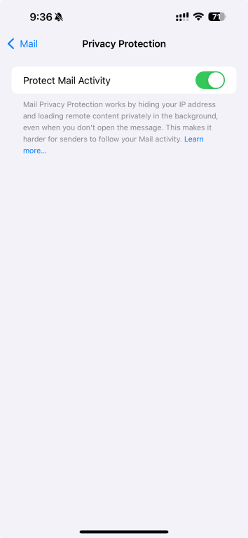 Toggle Protect Mail Activity on.
