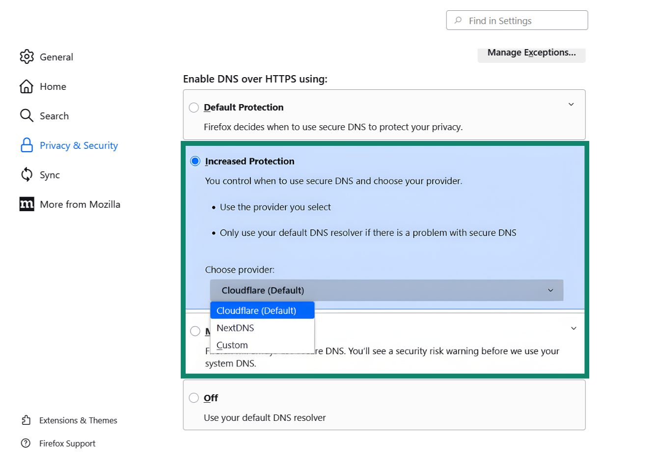 Find DNS over HTTPS and choose your provider.