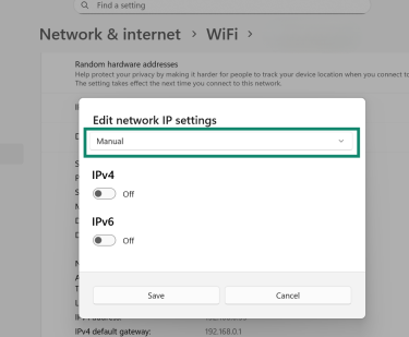 Choose to manually adjust Windows IP settings.