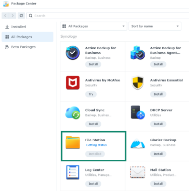 Screenshot of the Package Center highlighting the program File Station