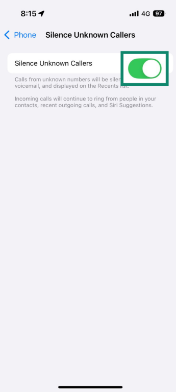 iPhone screen showing Silence Unknown Callers setting being toggled on.