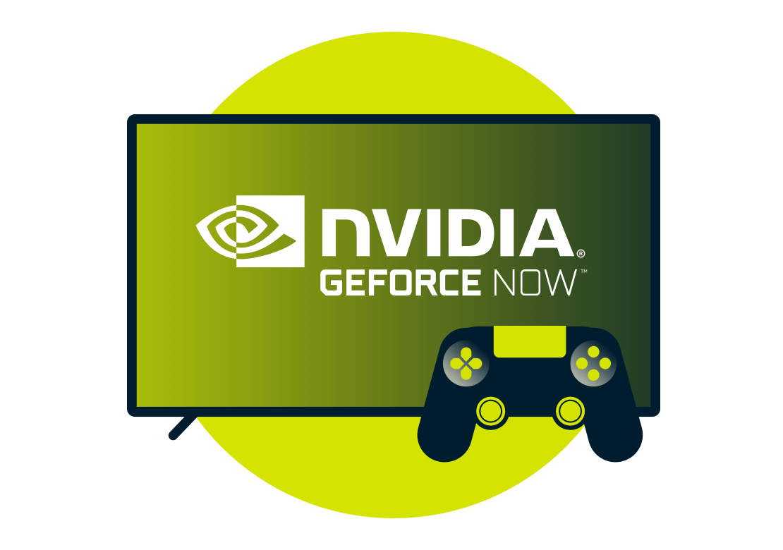 Nvidia GeForce Now-Logo auf einem Bildschirm und ein Controller