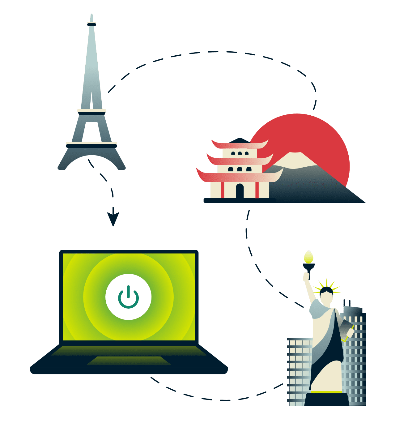 La torre Eiffel, el monte Fuji, la Estatua de la Libertad y una computadora conectada a una VPN.