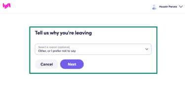 Lyft deletion process screen with selected reason for leaving.