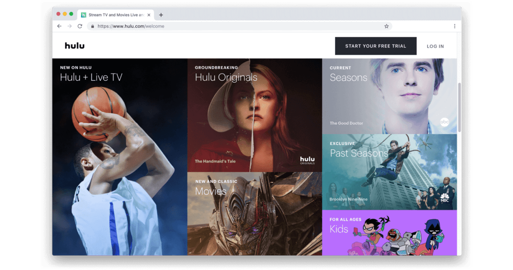 Hulu-sivuston aloitusnäyttö.