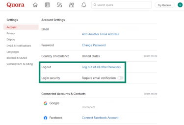 The Quora Account settings are open and the logout of all browsers and login security options are highlighted.