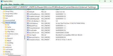 Windows Registry Editor with search path for proxy settings highlighted.