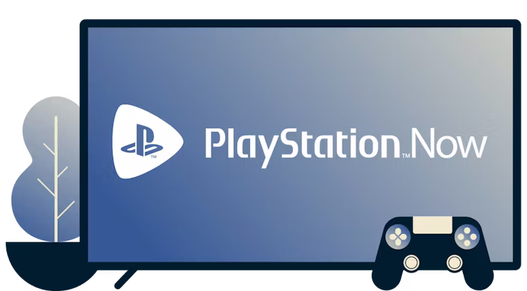 Экран с логотипом Playstation Now, контроллер игровой приставки и растение.