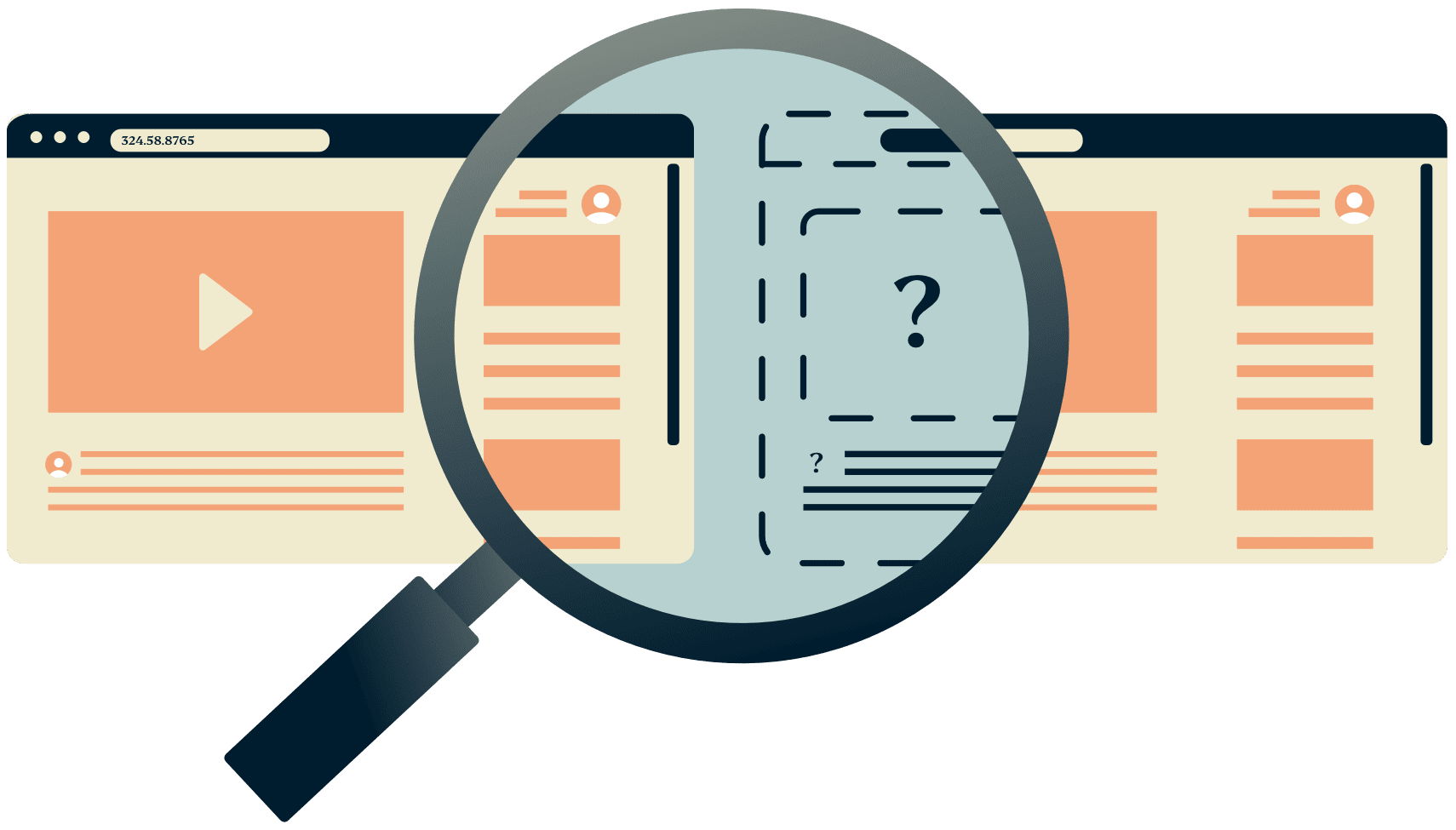 Uma lupa sobre duas janelas do navegador onde uma delas está escondida.