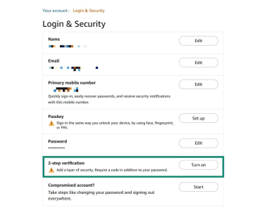 The "Login & Security" page in the Amazon account menu on desktop. The "2-step verification" option is highlighted.