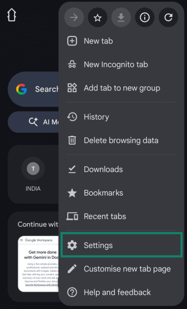 Chrome settings on Android.