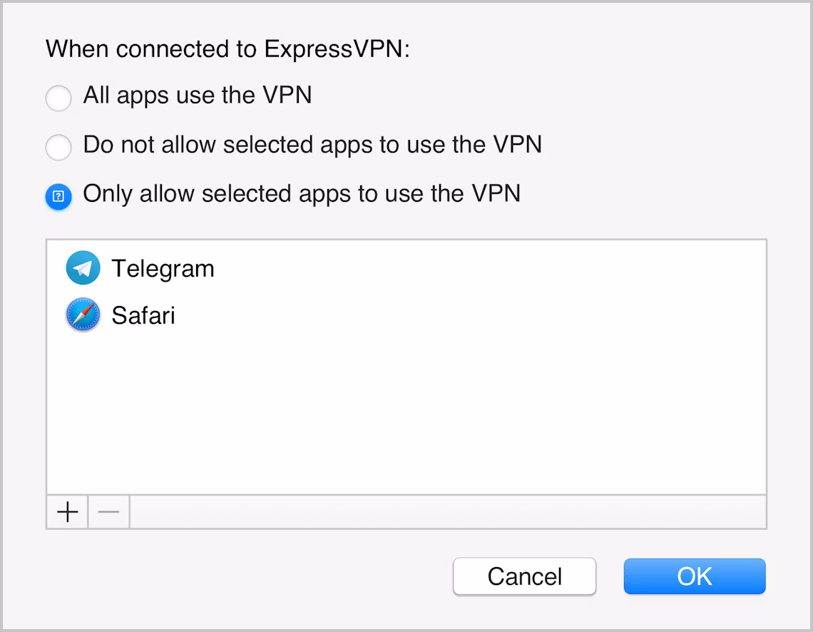 ExpressVPN-grænsefladen til Mac-appen, der kun viser udvalgte apps, som er beskyttet af VPN.