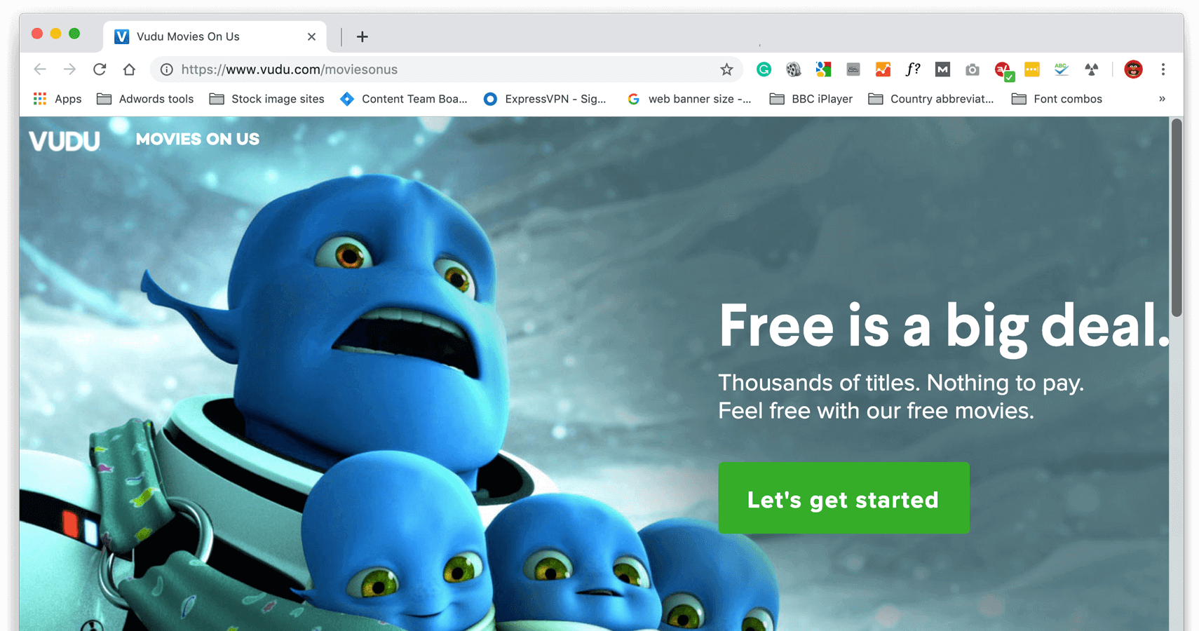 ภาพหน้าจอของเว็บไซต์ Vudu ที่กำลังแสดง Movies On Us