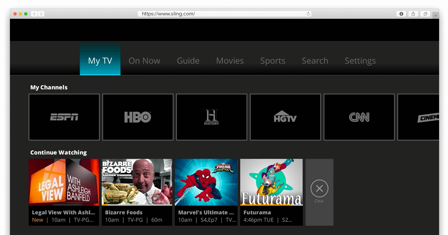 ภาพหน้าจอของโฮมเพจ Sling TV