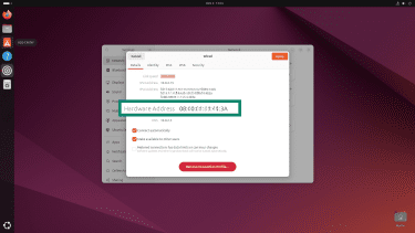 Linux network settings app, showing how to view the device's MAC address.