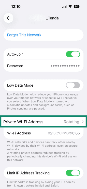 iPhone Wi-Fi settings screen, showing how to set MAC address spoofing.
