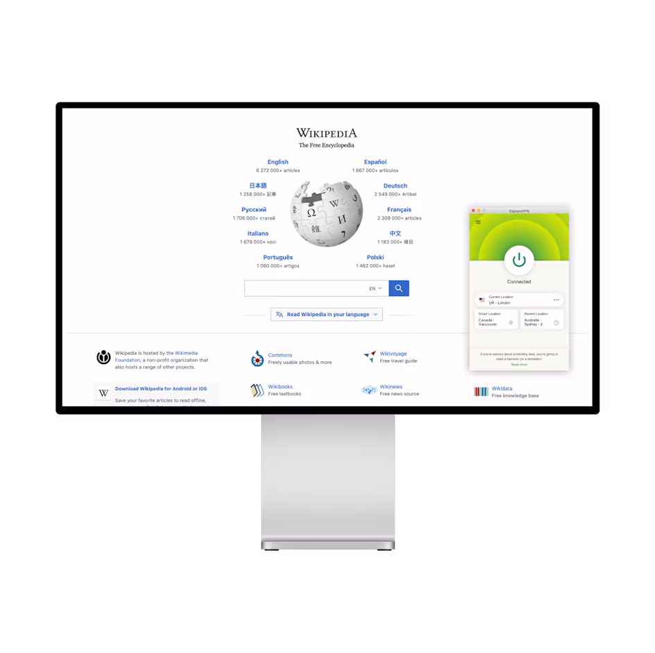 Página de inicio de Wikipedia y una VPN.