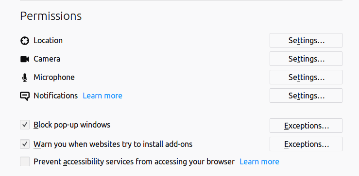 Firefox permissions options.