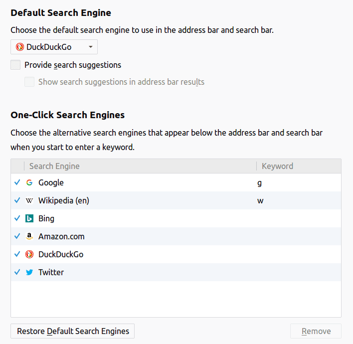 Firefox default search options