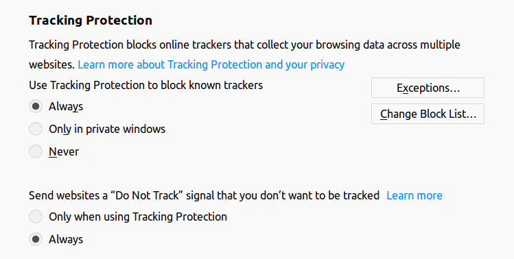 Firefox tracking protection options.